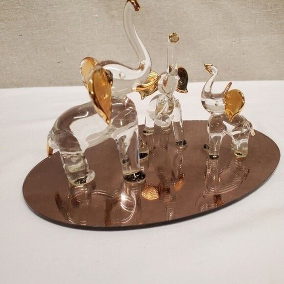 Glass Blown Elephant Trinket Ring Holder 22kt Gold Trim Mirror Base - Picture 6 of 10